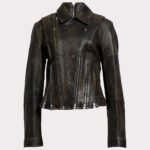 Distressed Black Leather Jacket with Zipper Detail for Women - Image 4