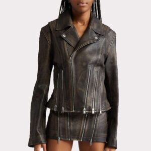 Distressed Black Leather Jacket with Zipper Detail for Women