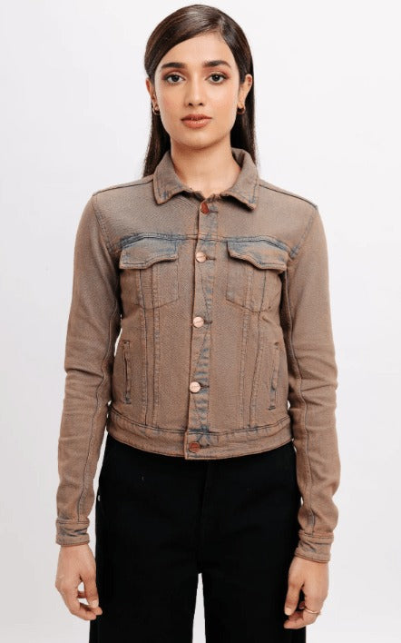 jackets-kingdom-womens-brown-denim-trucker-jacket Women’s Distressed Denim Trucker Jacket - Brown Casual Style - Image 1