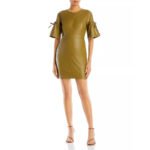 Khaki Bell Sleeves Mini Leather Dress for Women - Image 3