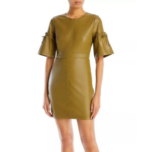 Khaki Bell Sleeves Mini Leather Dress for Women