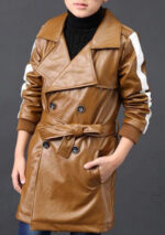 Kids Windbreaker Lapel Brown Leather Trench Jacket - Image 2