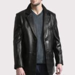 Elegant Long Black Leather Blazer Coat for Men - Image 3