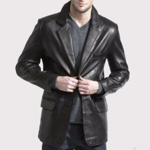 Elegant Long Black Leather Blazer Coat for Men