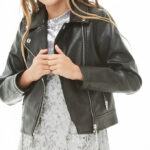 Girls Long Sleeves Black Leather Moto Kids Jacket
