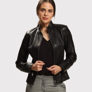 Luxurious Black Leather Jacket with Exquisite Design for Women