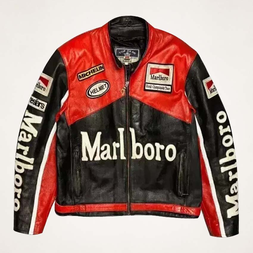 marlboro-vintage-red-black-leather-racing-biker-jacket Marlboro Vintage Red & Black Leather Racing Biker Jacket - Image 1