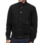 Men Black Suede Leather Bomber Jacket - Image 2