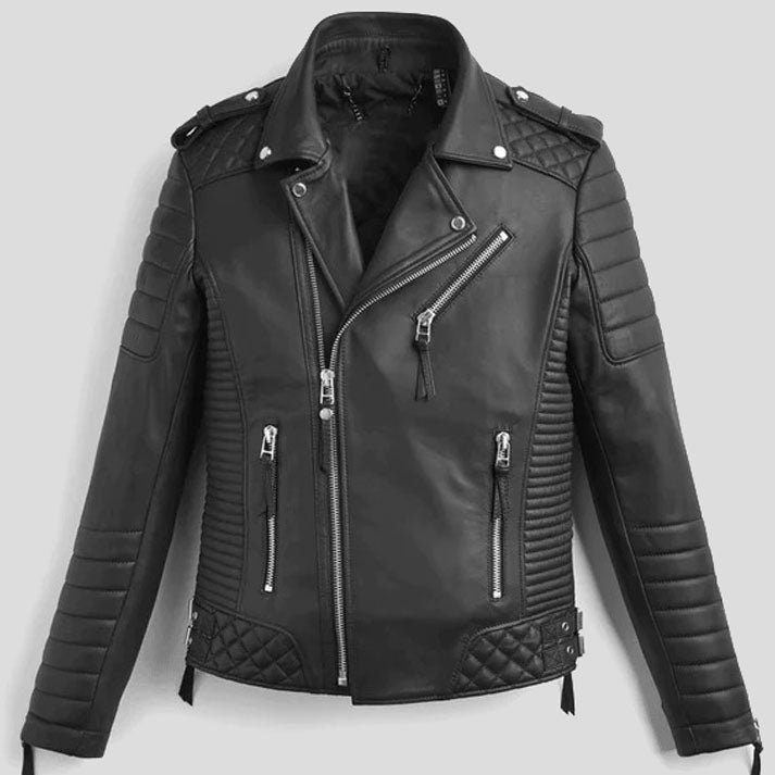 men-black-quilted-biker-leather-jacket-zippers Men's Black Quilted Biker Leather Jacket With Zippers - Image 1