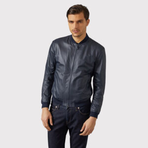 Men's Blue Varsity Bomber Leather Jacket