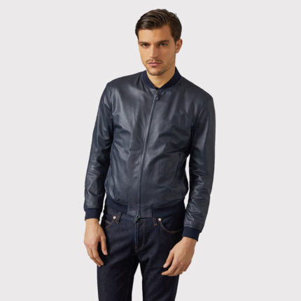 Men's Blue Varsity Bomber Leather Jacket