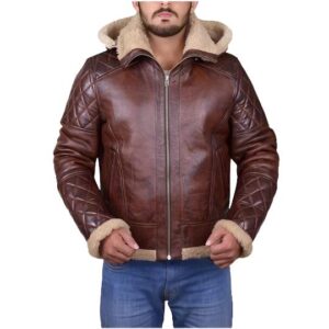 Men Brown Shearling Jacket with Hoodie