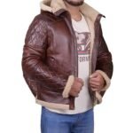 Men Brown Shearling Jacket with Hoodie - Image 2