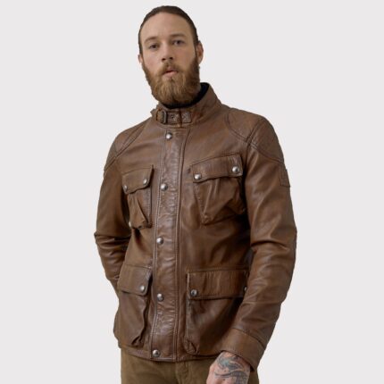 Men Lambskin Leather Field Jacket in Walnut