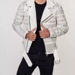Men Leather White Jacket - Punk Studded Motorcycle Genuine Cowhide Leather Jacket