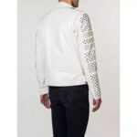 Men Leather White Jacket - Punk Studded Motorcycle Genuine Cowhide Leather Jacket - Image 2