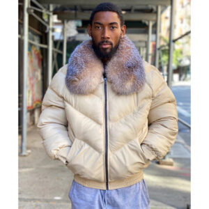 Men V Bomber Jacket - Cream Color With Crystal Fox