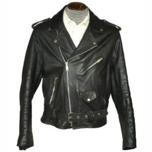 Men?s 1960s Motorcycle Belted Black Leather Jacket