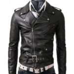 Men’s Asymmetrical Slim Fit Belted Black Leather Jacket