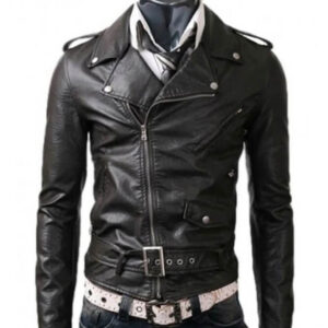 Men?s Asymmetrical Slim Fit Belted Black Leather Jacket