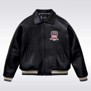 Men?s Avirex USA Black Leather Bomber Jacket with Patch