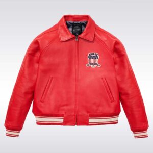 Men?s Avirex Red Leather Bomber Jacket with USA Patch