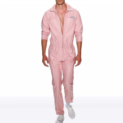 Men’s Baby Pink Sheepskin Leather Fashion Jumpsuit