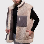 Men's Beige Sheepskin Vest with Wool Collar - Image 3
