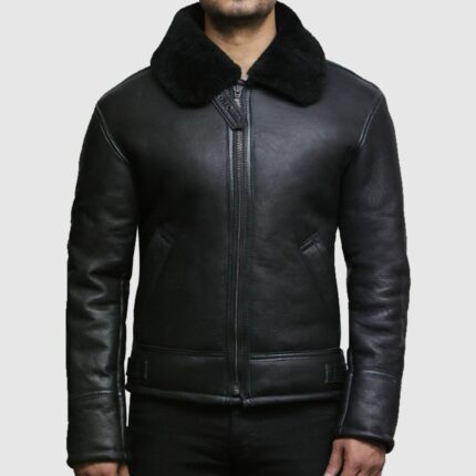 Men's Black Aviator B3 Shearling Sheepskin Leather Jacket
