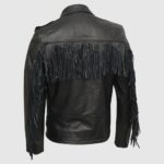 Men's Black Casual Biker Leather Jacket with Fringe Detail - Image 2
