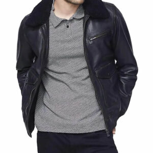 Men?s Bomber Black Leather Jacket with Sherpa Collar