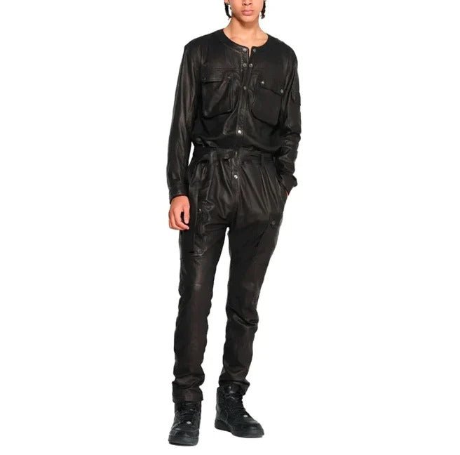 mens-black-cargo-style-leather-jumpsuit Men's Black Cargo Style Leather Jumpsuit - Image 1