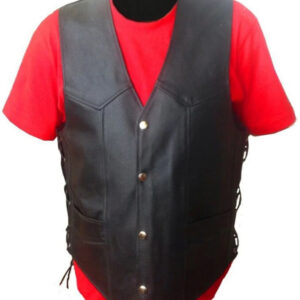 Men?s Black Genuine Leather Biker Vest with Side Lacing