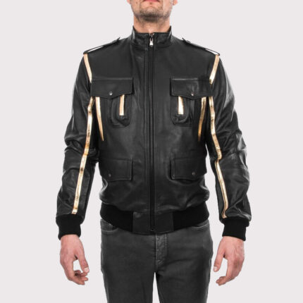Men's Black & Gold Genuine Lamb Leather Bomber Jacket