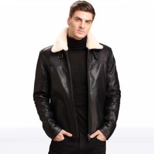 Men?s Black Lambskin Leather Jacket with Fur Collar