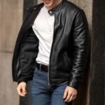 Men's Black Lambskin Leather Racer Jacket - Image 2