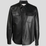 Men's Black Lambskin Leather Shirt with Chest Pocket - Image 4