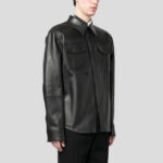 Men's Black Lambskin Leather Shirt with Chest Pocket - Image 3
