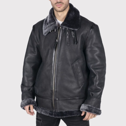 Men's Black Sheepskin Leather B3 Flying Aviator Jacket with Grey Fur Lining