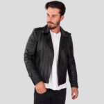 Men's Black Lambskin Leather Biker Jacket - Image 2