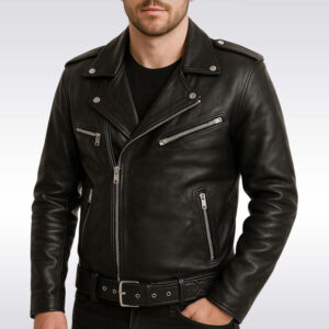 Men?s Black Real Leather Biker Jacket with Asymmetrical Zipper