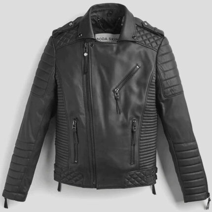 Men's Black Leather Biker Jacket With Pattern
