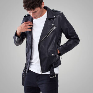 Men's Black Leather Biker Jacket - JK