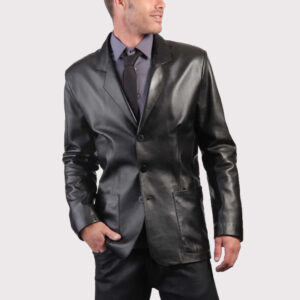 Elegant Black Leather Men's Blazer Coat - Three Button Style