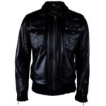 Men's Black Fashion Genuine Leather Bomber Jacket with 6 Front Pockets