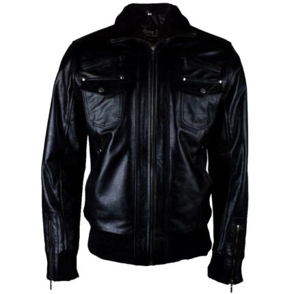 Men's Black Fashion Genuine Leather Bomber Jacket with 6 Front Pockets