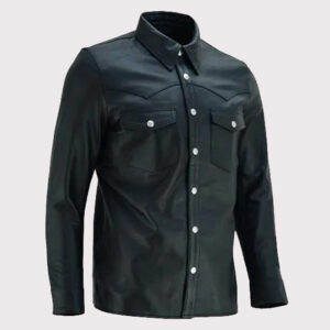 Classic Black Leather Collared Shirt for Men - Timeless Style