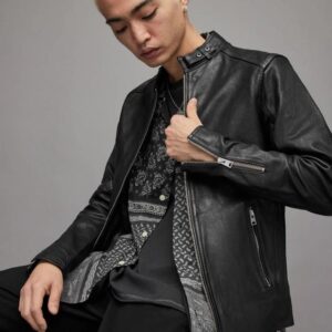 Men's Black Leather Harrington Jacket with Band Collar and Snap Button