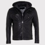 Men's Black Leather Jacket with Detachable Hood - Image 2