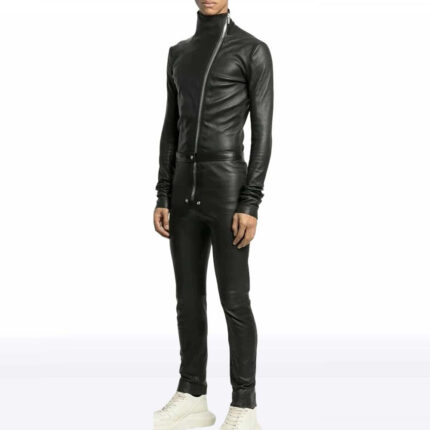 Men’s Black Leather Jumpsuit with Asymmetric Zipper – Overall Fit